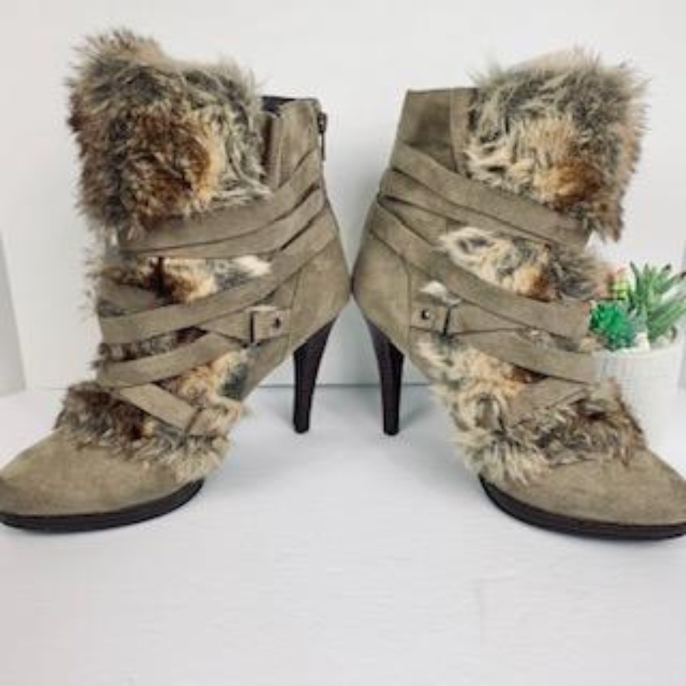 Elle Faux Suede and Fur Taupe Ankle Boots